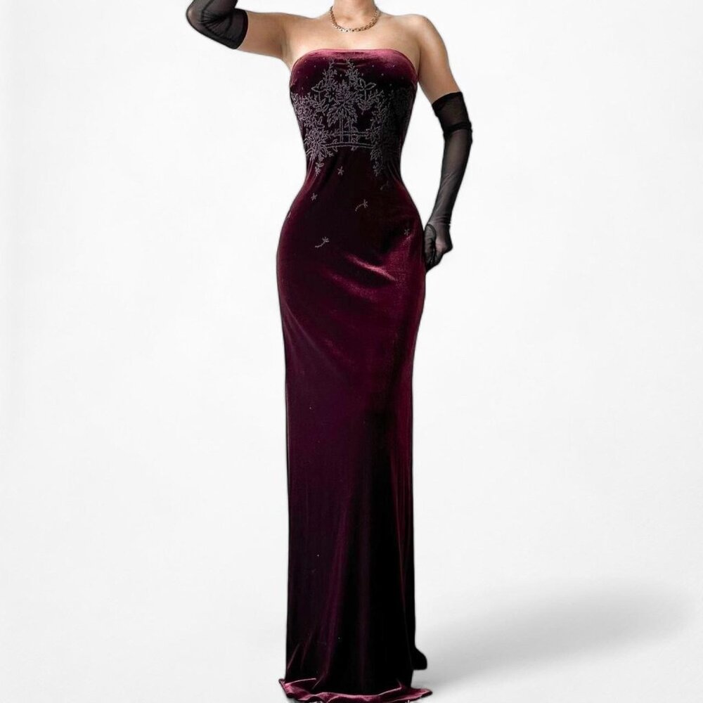 Vintage Burgundy Red Beaded Velvet Knit Maxi Bodycon Strapless Prom Dress Size S - Picture 1 of 7